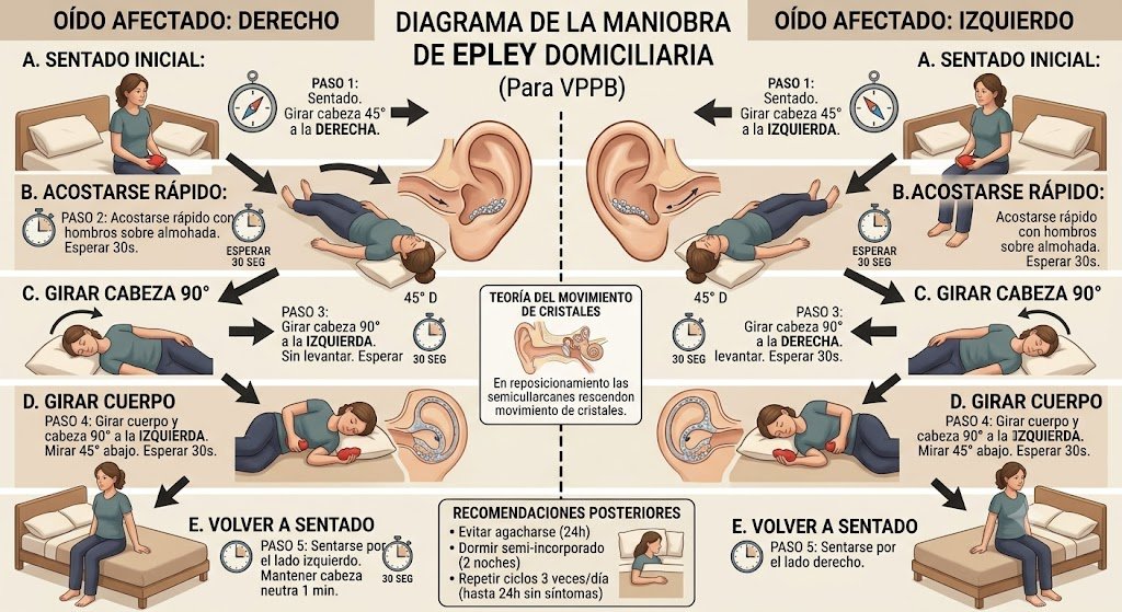 Diagrama de la maniobra de Epley domiciliaria para vértigo posicional benigno