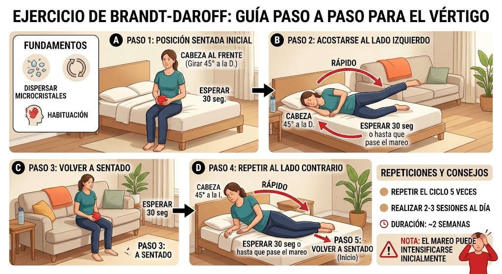 Ilustración paso a paso del ejercicio de Brandt-Daroff para vértigo