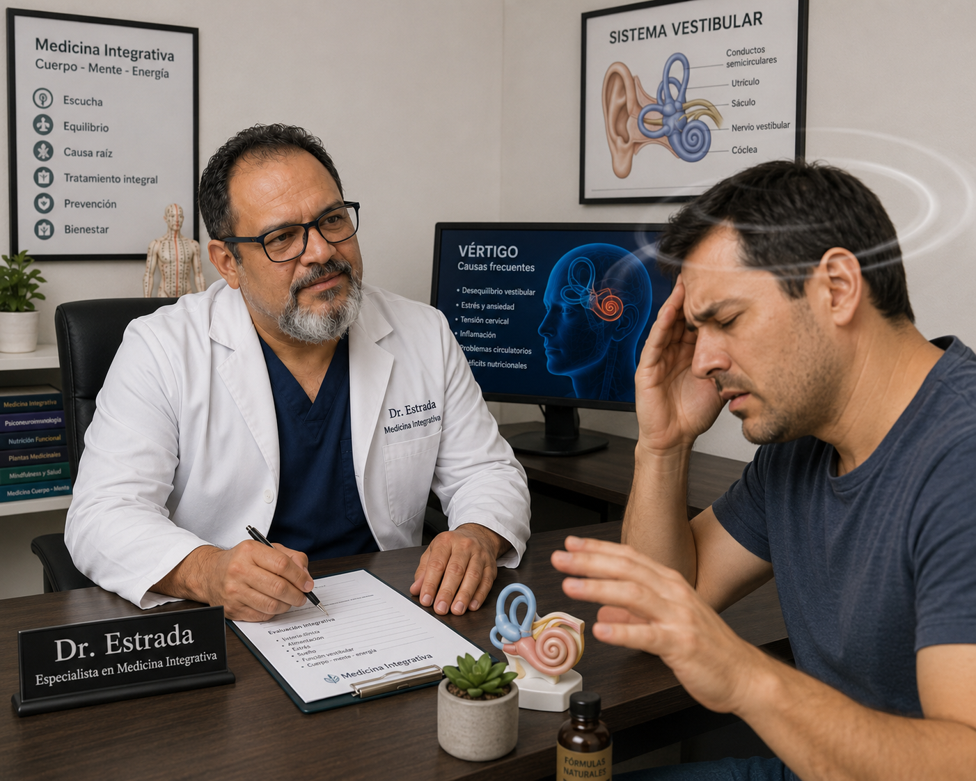 Médico especialista en medicina integrativa atendiendo a un paciente